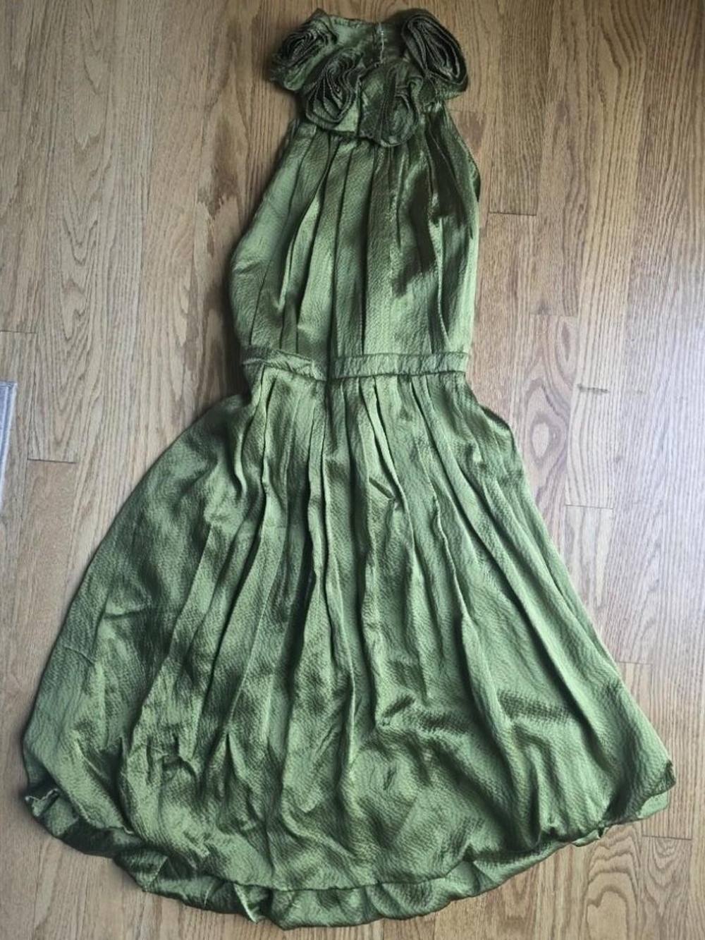 Designer Silk Green Halter Cocktail Dress with Floral Neck Detail